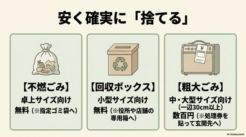サイズや方法に応じた3つの捨て方（不燃ごみ、回収ボックス、粗大ごみ）を説明するスライド。