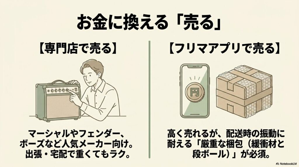 専門店での売却とフリマアプリでの販売について、それぞれの特徴と注意点を解説するスライド。