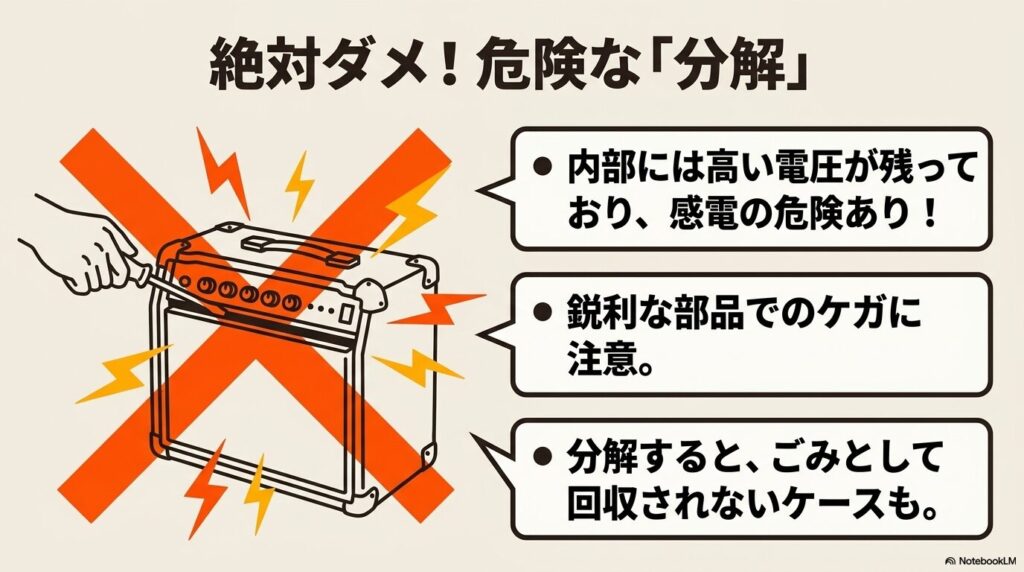 アンプの分解が危険である理由（感電、ケガ、回収拒否）を警告するスライド。