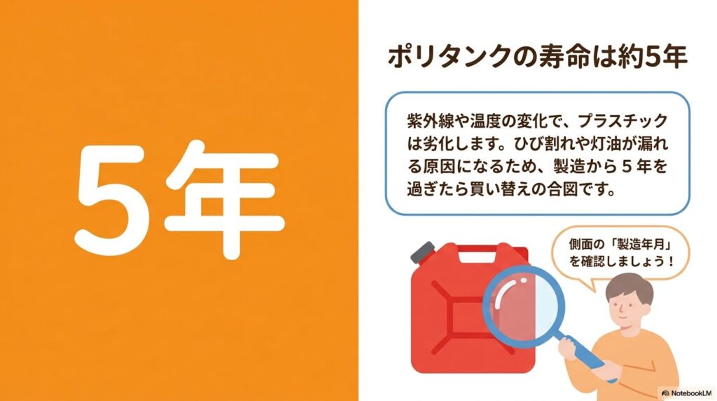 ポリタンクの寿命は約5年であり、プラスチックの劣化による事故を防ぐために買い替えが必要であることを説明するスライド。