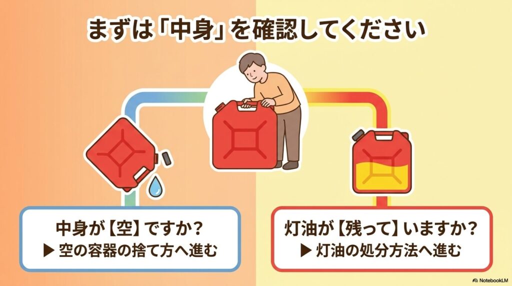 処分を始める前に、ポリタンクの中身が空か灯油が残っているかを確認するよう促すフローチャート。