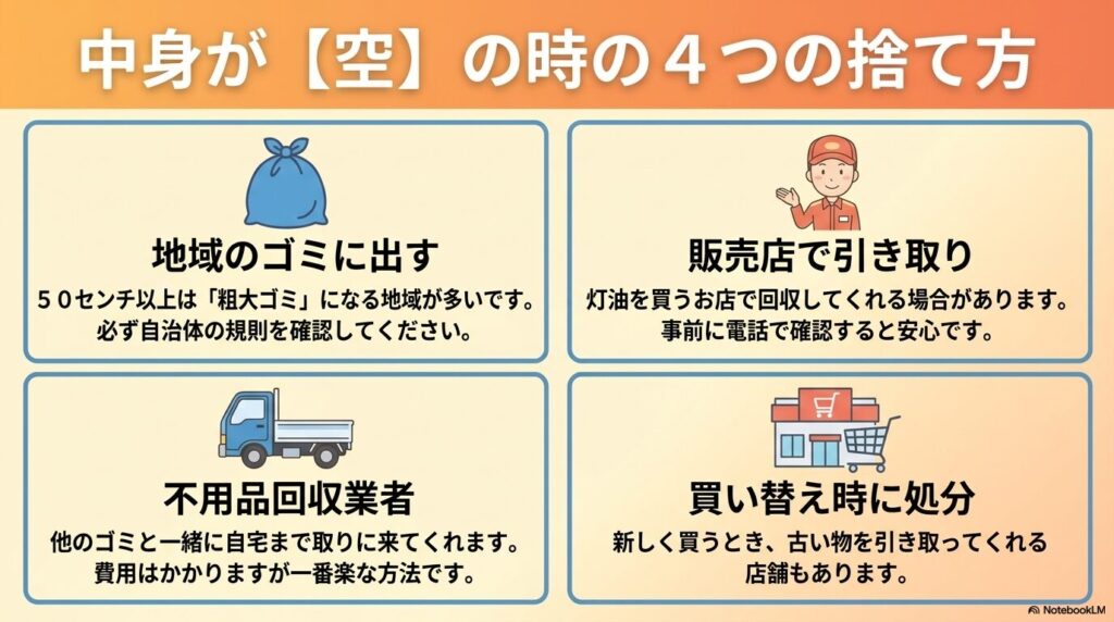 ポリタンクが空の場合の4つの捨て方（地域のゴミ、販売店での引き取り、不用品回収業者、買い替え時の処分）を紹介。