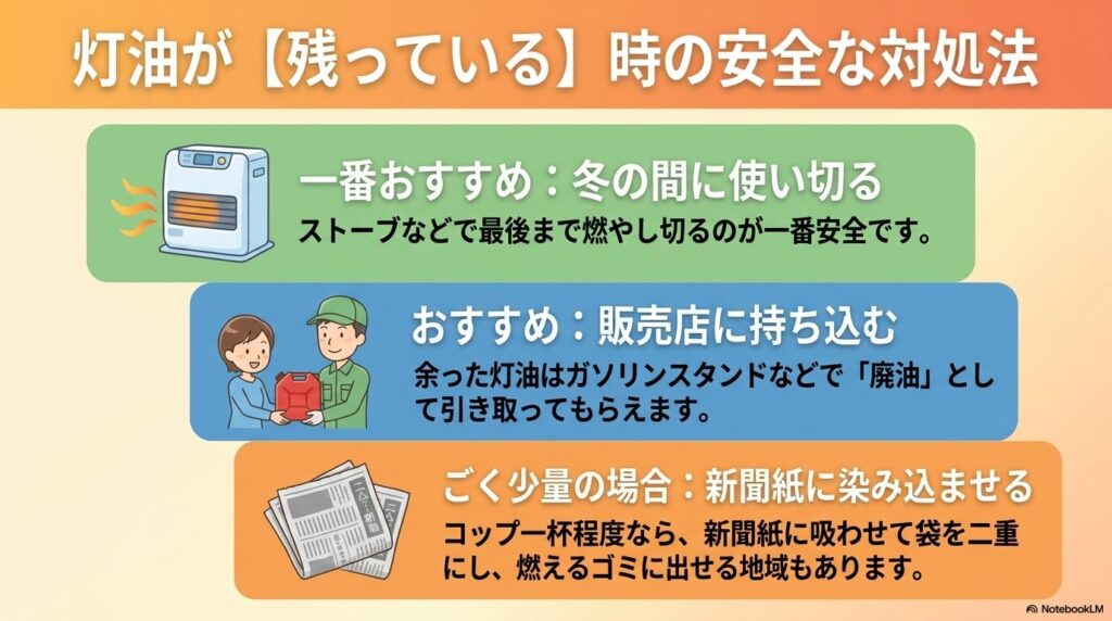 灯油が残っている場合の安全な対処法として、使い切る、販売店へ持ち込む、少量を新聞紙に吸わせる方法を提示。