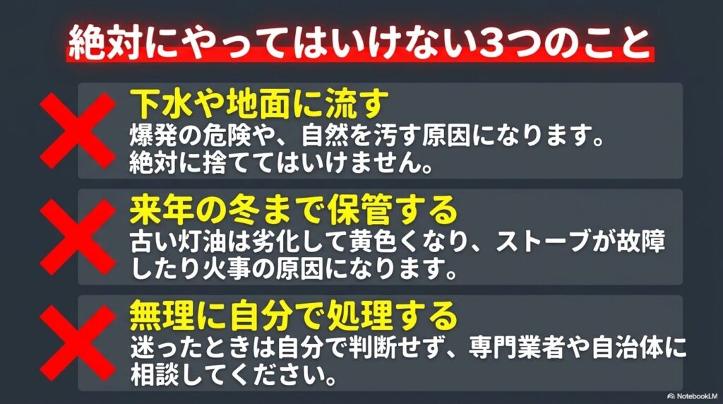 下水への投棄、長期保管、無理な自己処理など、絶対に行ってはいけない3つの禁止事項を警告するスライド。