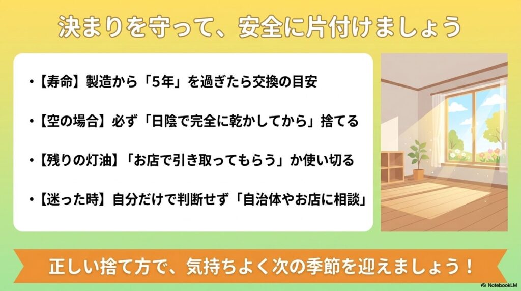 石油ポリタンク処分のまとめとして、寿命の目安、乾燥の徹底、残油の扱い、相談の重要性を再確認するスライド。