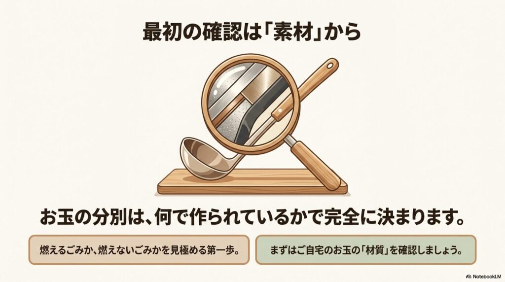 お玉を分別する際は、まずその素材を確認することが第一歩であることを説明しています。