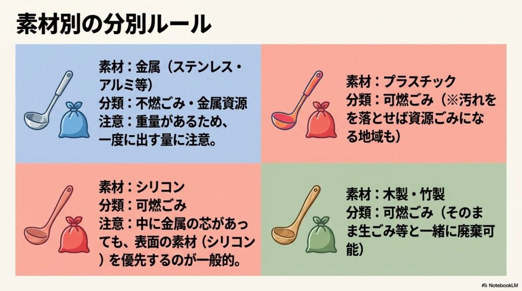 金属、プラスチック、シリコン、木・竹製という素材別の具体的な分別ルールの一覧表です。