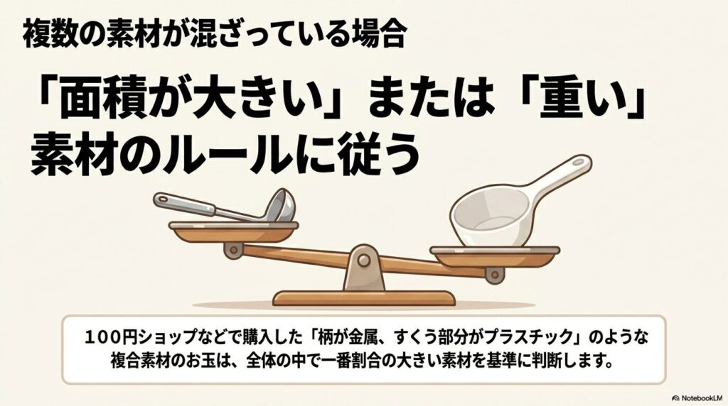複数の素材でできたお玉の判断基準は、面積の大きさや重さを基準にすることを解説しています。