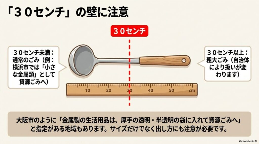 お玉の長さが30センチを境にごみの区分が変わることと、自治体ごとの出し方の違いを説明しています。