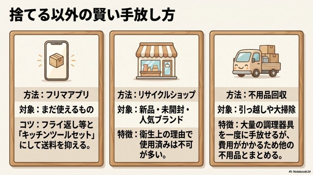 フリマアプリ、リサイクルショップ、不用品回収業者といった、捨てる以外の処分方法を紹介しています。