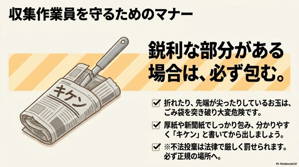 尖った部分があるお玉を捨てる際は、新聞紙などで包み「キケン」と明記するマナーを伝えています。