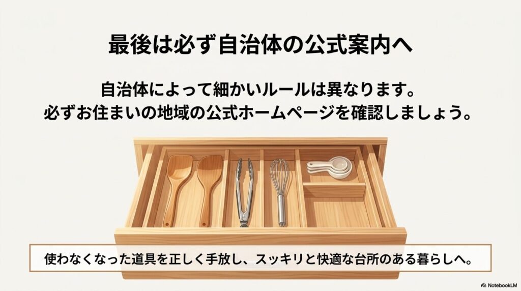 最終的には自治体のルールを確認することを推奨し、整頓されたキッチンを目指す結びのスライドです。