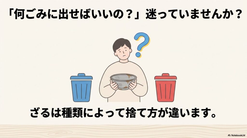 ざるの種類によって捨て方が異なることを説明し、分別の判断に迷う人のイラストが描かれたスライド。
