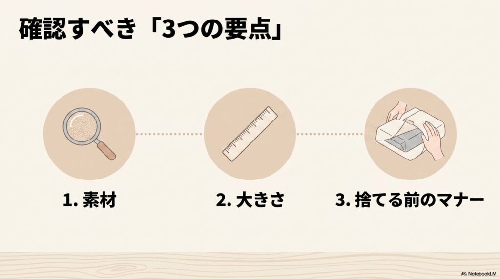 ざるを捨てる際に確認すべき3つの要点として、素材、大きさ、マナーを挙げているスライド。
