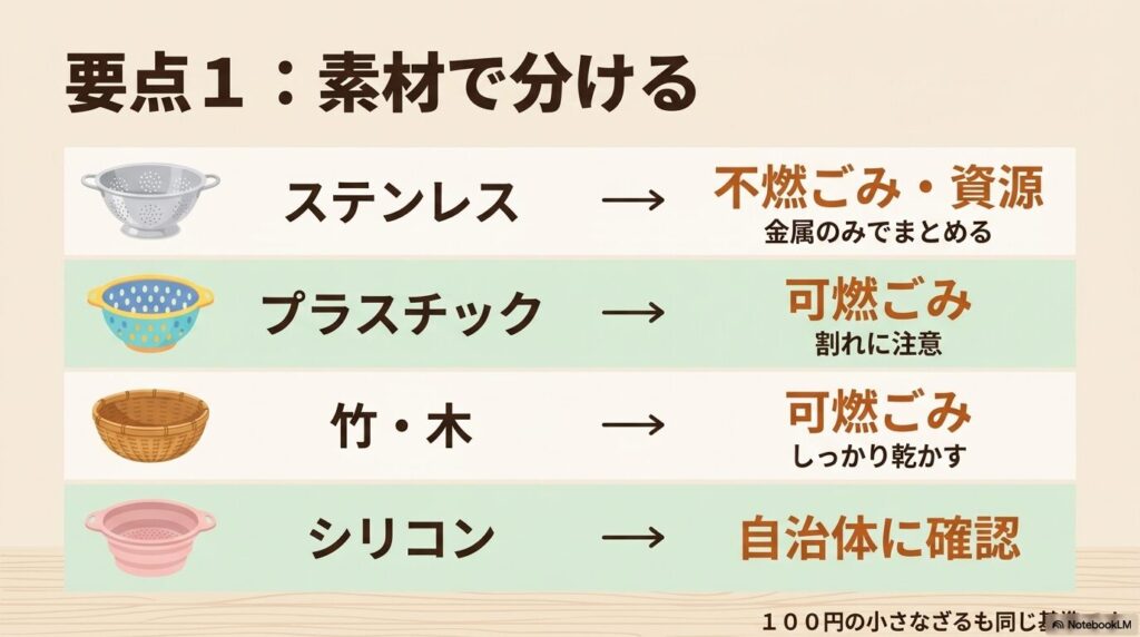 ステンレス、プラスチック、竹・木、シリコンといった素材別の分別方法を一覧で示したスライド。