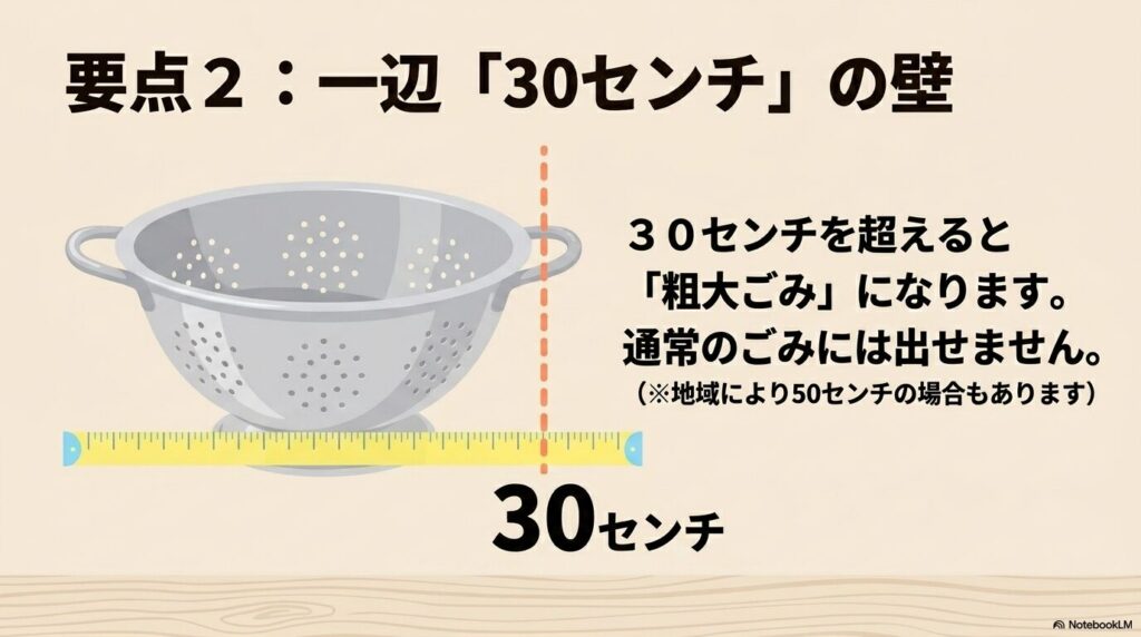 一辺が30センチを超えると粗大ごみ扱いになるという、サイズに関する基準を解説するスライド。