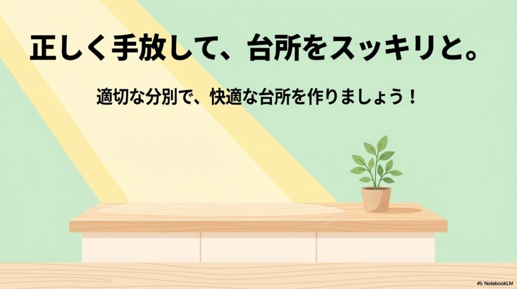 正しい分別でキッチンを快適にすることを呼びかける、まとめのスライド。