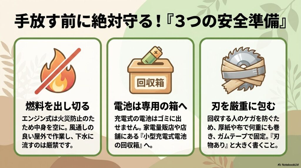 草刈り機を処分する前に必ず行うべき、燃料抜き、電池の取り外し、刃の梱包という3つの安全準備。