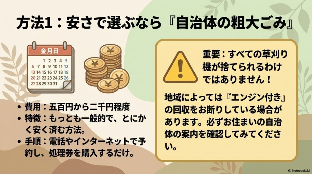 費用を抑えて処分できる「自治体の粗大ごみ」の利用方法と、エンジン付きが回収不可な場合がある注意点。