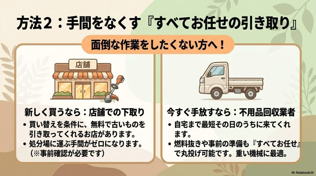 手間を省きたい人向けに、新しい草刈り機購入時の店舗下取りと、不用品回収業者の利用方法を紹介。
