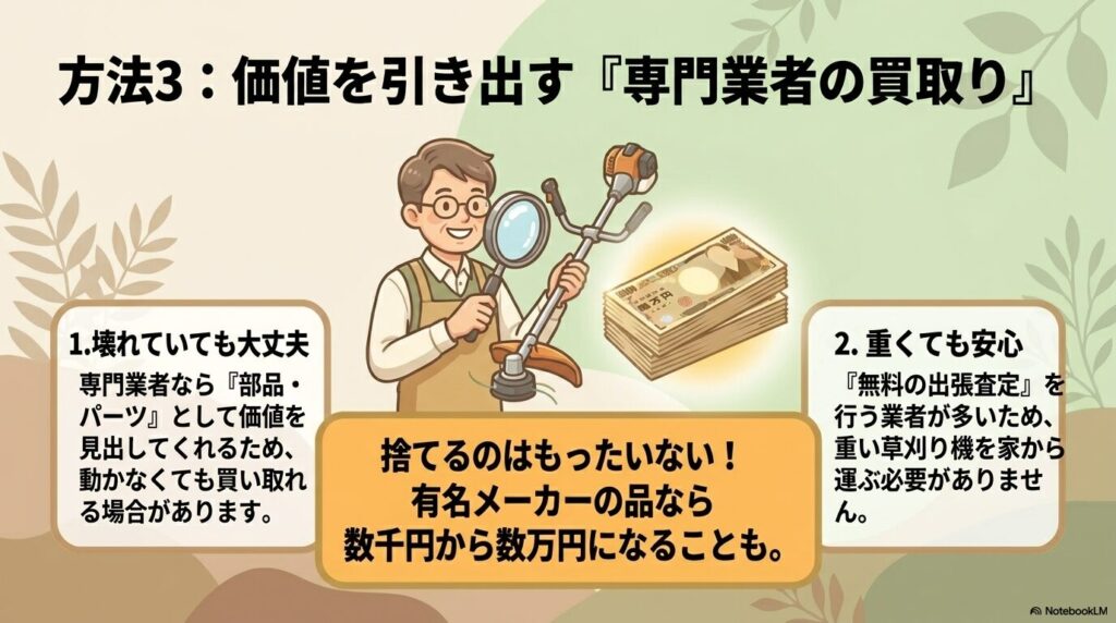 専門業者による買取のメリットとして、壊れていても部品に価値が付く可能性や出張査定の利便性を説明。