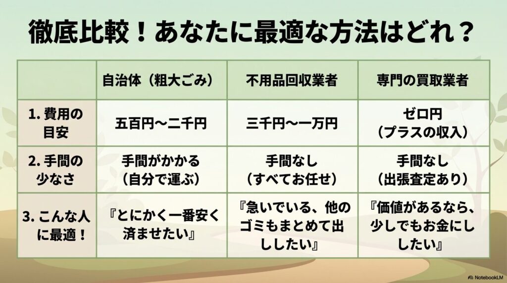 自治体、不用品回収業者、専門買取業者の3つの処分方法を、費用、手間、おすすめの人で比較した表。