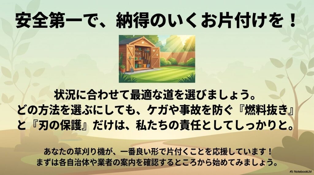 まとめとして、自分に合った方法の選択と、燃料抜き・刃の保護という責任ある処分の重要性を強調。