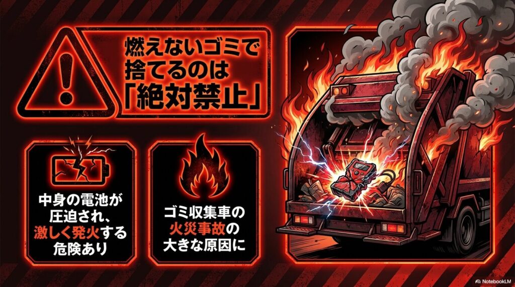 ジャンプスターターを燃えないゴミとして廃棄することを「絶対禁止」とし、発火やゴミ収集車の火災リスクを警告。