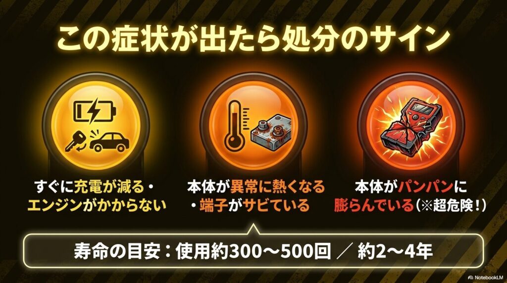 寿命の目安（2〜4年）と、電池の膨張や異常な発熱など、処分を検討すべき3つのサインを説明するスライド。