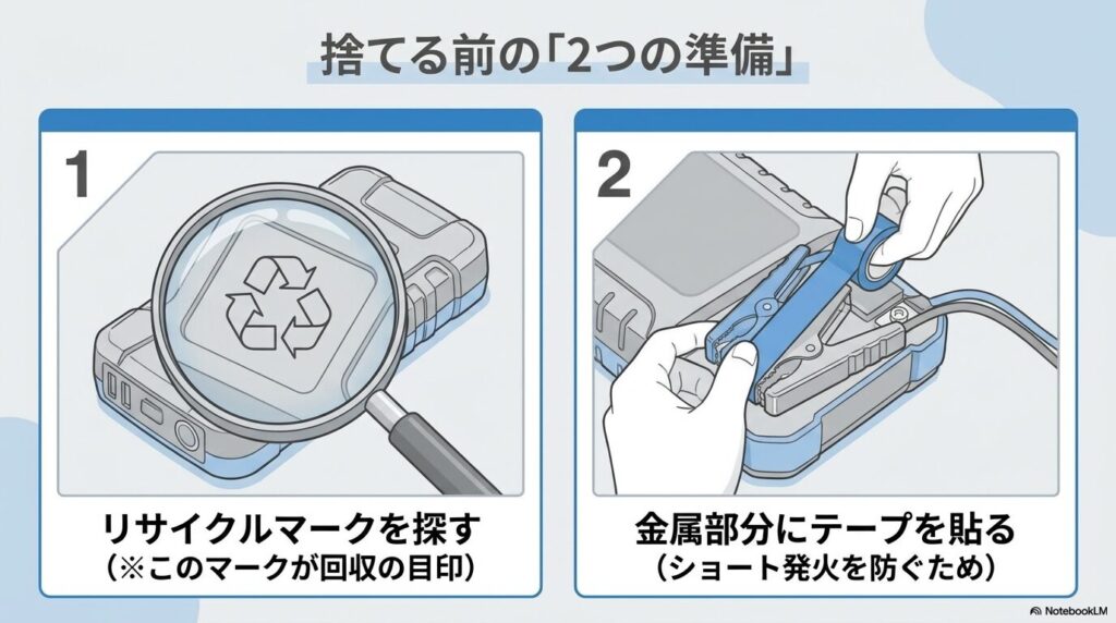 廃棄前の準備として、リサイクルマークの確認と、ショート発火を防ぐための金属部分へのテープ貼付の2点を紹介。