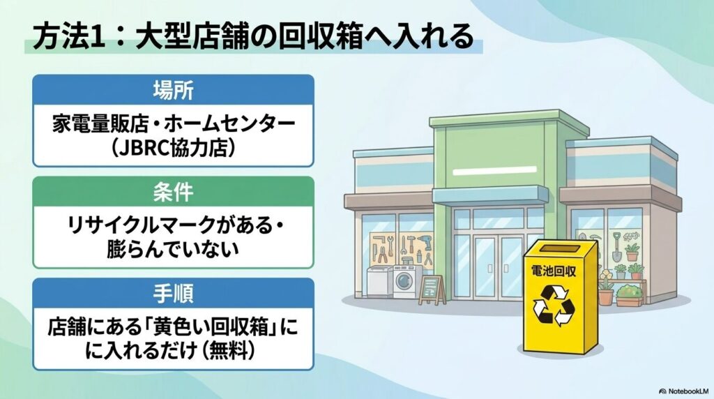 方法1として、家電量販店等の黄色い回収箱を利用する方法を紹介。リサイクルマークがあり、膨張していないことが条件。