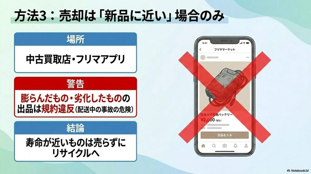 方法3として、フリマアプリ等での売却は新品同様の場合のみとし、劣化した品の出品は規約違反であると警告。