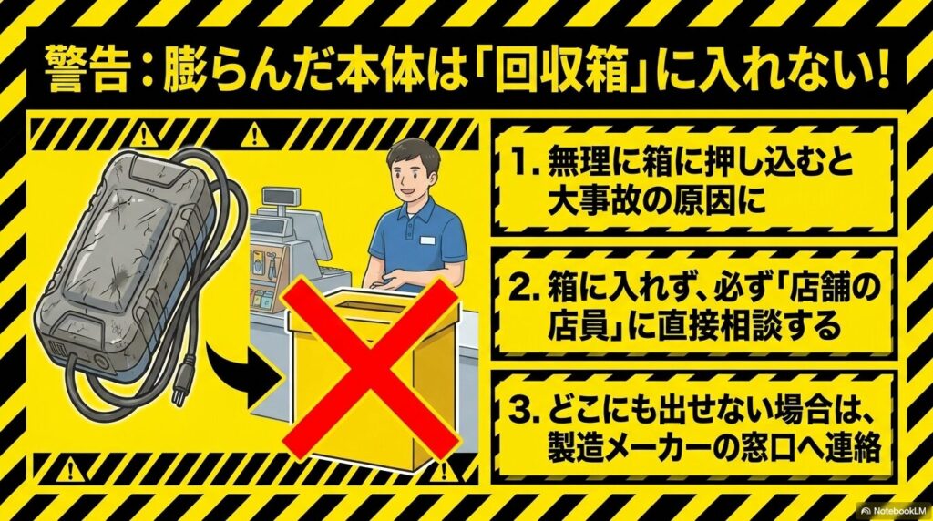 膨張した本体を回収箱に入れることへの警告。店員への直接相談やメーカーへの連絡といった適切な対処法を案内。