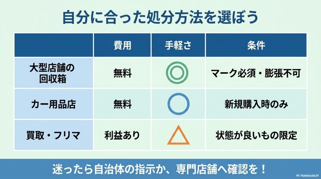 3つの処分方法（回収箱、カー用品店、売却）の費用、手軽さ、条件を比較したまとめの一覧表。