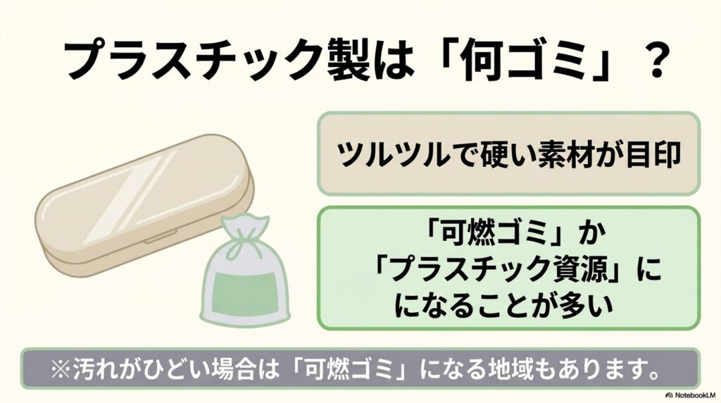 プラスチック製メガネケースの素材の見分け方と、一般的なゴミの分別区分について説明しています。