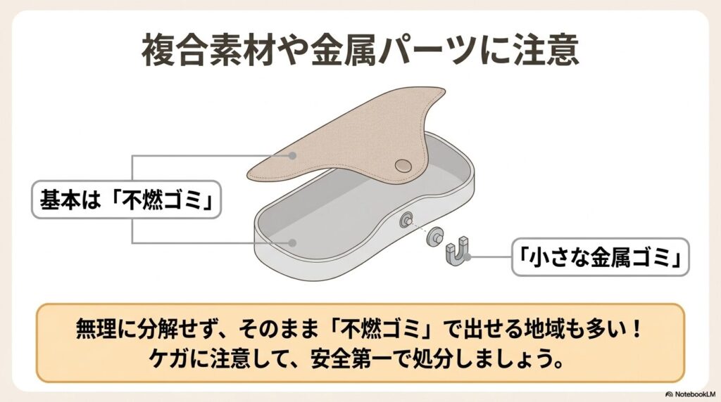 複合素材や金属パーツが含まれるメガネケースの分別方法と、処分の際の注意点を解説しています。