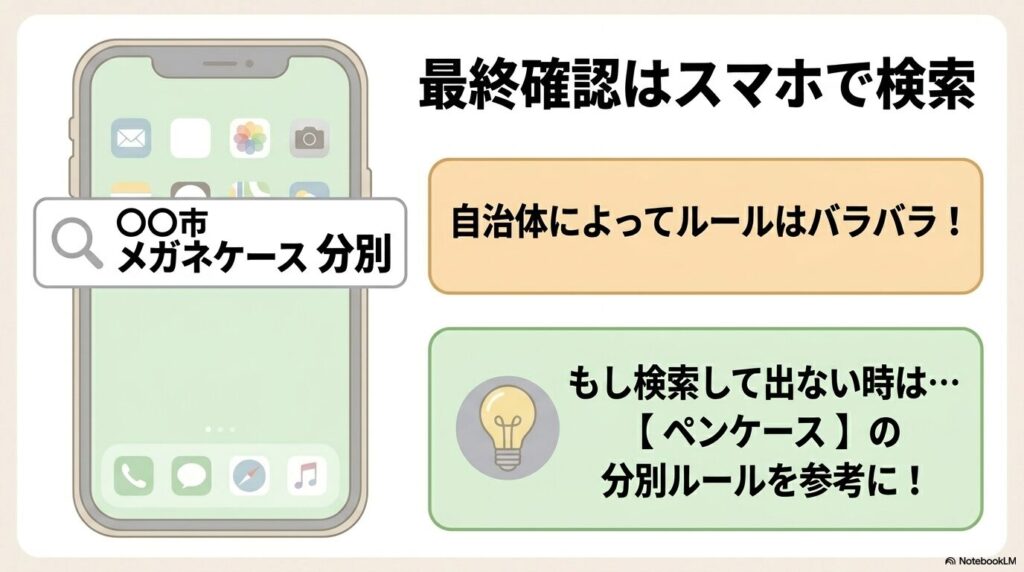 自治体ごとの分別ルールの調べ方と、検索で見つからない場合のヒントを紹介しています。