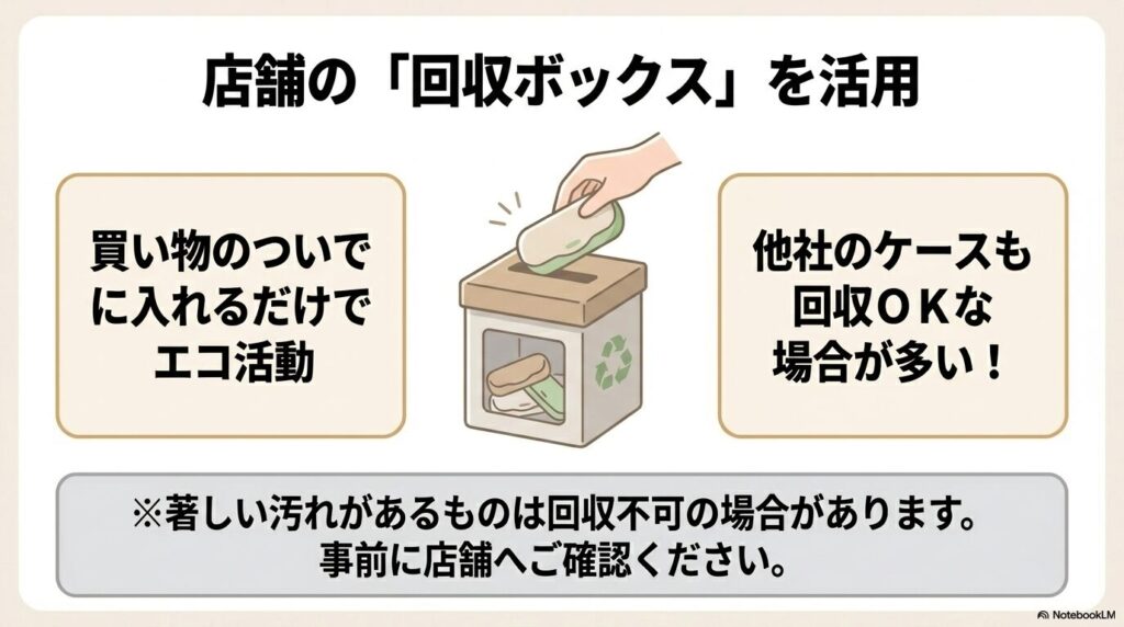 眼鏡店などに設置されている回収ボックスを利用した、手軽なエコ活動について説明しています。