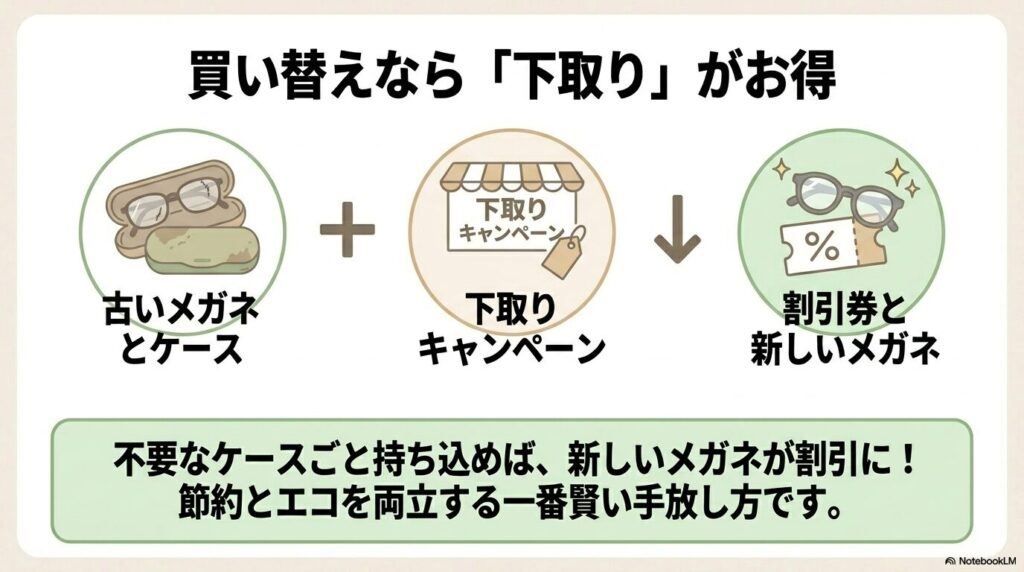 新しいメガネへの買い替え時に、古いケースを下取りに出してお得に購入する方法を紹介しています。
