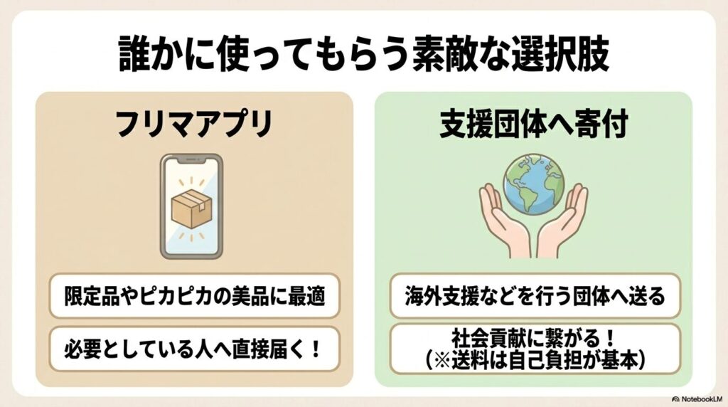 まだ使えるメガネケースを、フリマアプリで売却するか支援団体へ寄付する2つの選択肢を解説しています。