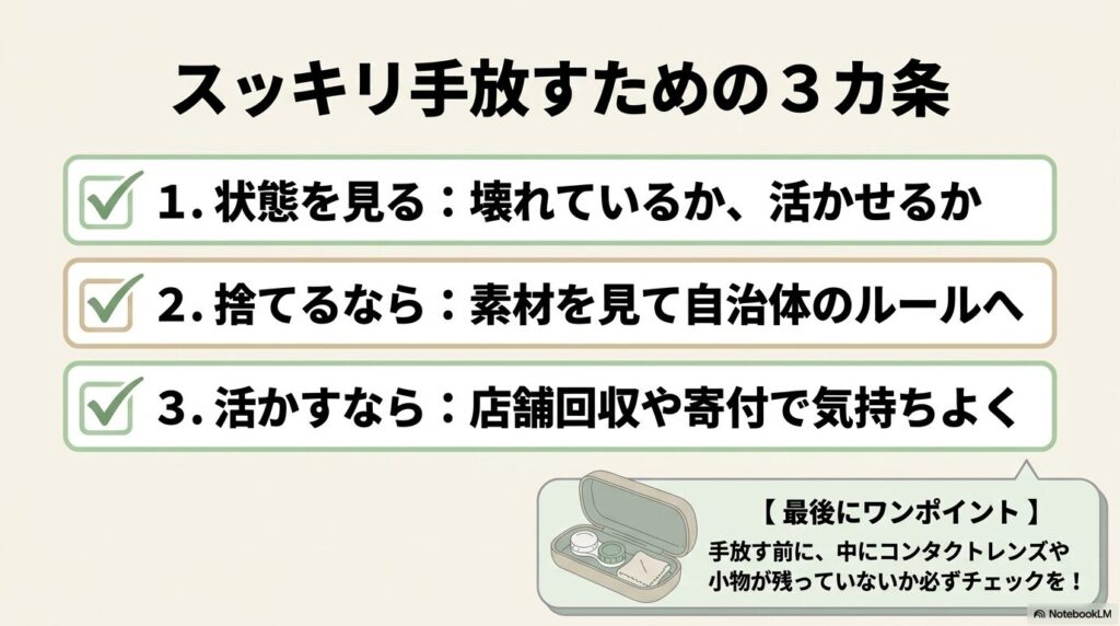 メガネケースをスッキリ手放すための3カ条と、最後に確認すべき注意点をまとめています。
