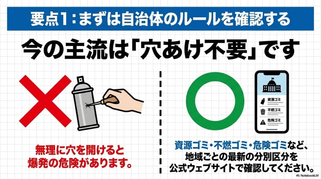 穴あけによる爆発の危険性を伝え、自治体の最新ルールを公式サイトで確認するよう促すスライドです。