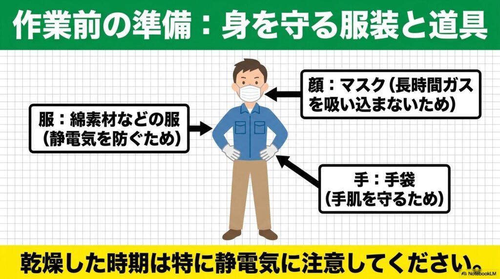 スプレー缶の処分作業時に身を守るための、マスク、綿素材の服、手袋といった服装と道具を紹介しています。