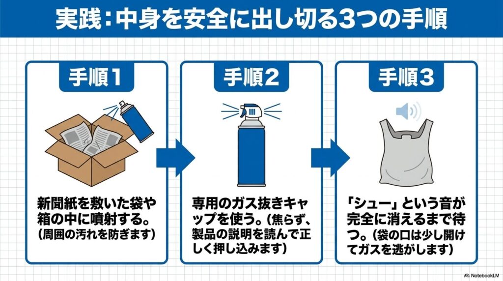 新聞紙への噴射、ガス抜きキャップの使用、音の確認という、中身を出し切る3つの手順を解説しています。