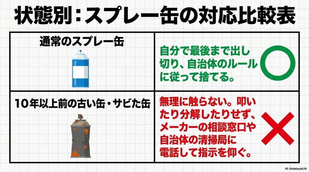 通常の缶と、10年以上前の古い缶や錆びた缶での処分方法の違いを比較した表です。