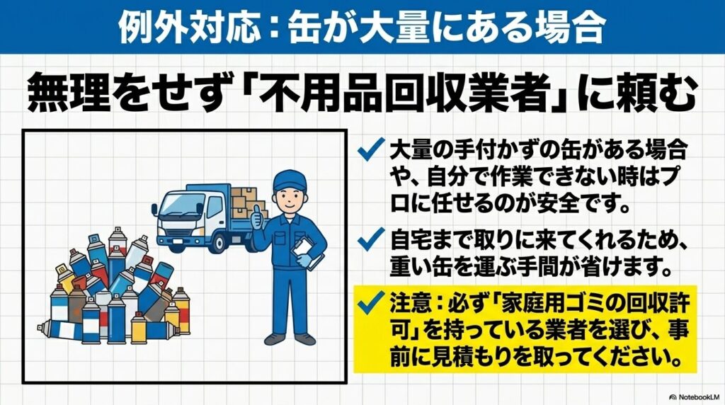 スプレー缶が大量にある場合は、許可を持った不用品回収業者に依頼することを推奨しています。