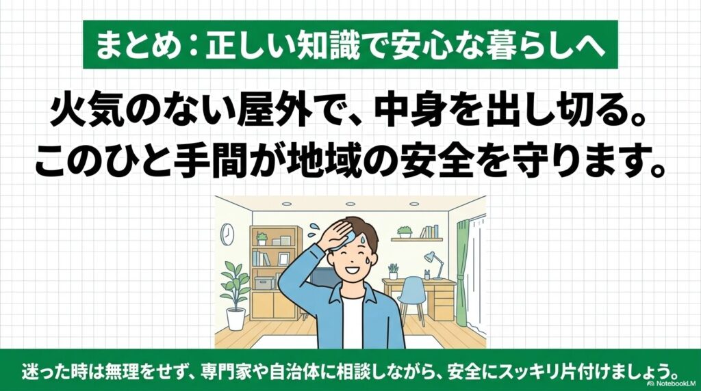 正しい知識を持って安全に処分することで、地域の安全を守り安心な暮らしに繋がるというまとめのスライドです。