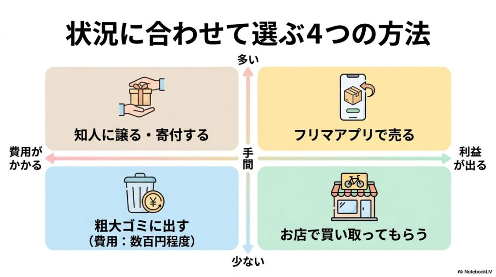 手間と費用・利益の2つの軸で、キックバイクを手放す4つの方法を整理したマトリックス図です。