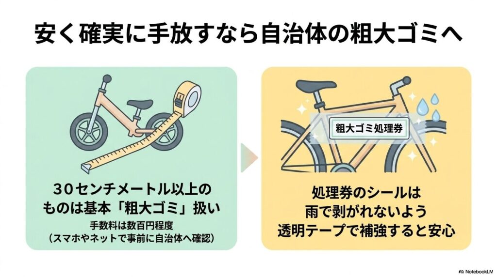 自治体の粗大ゴミとして処分する際の基準や、処理券の剥がれ防止のコツを説明しています。