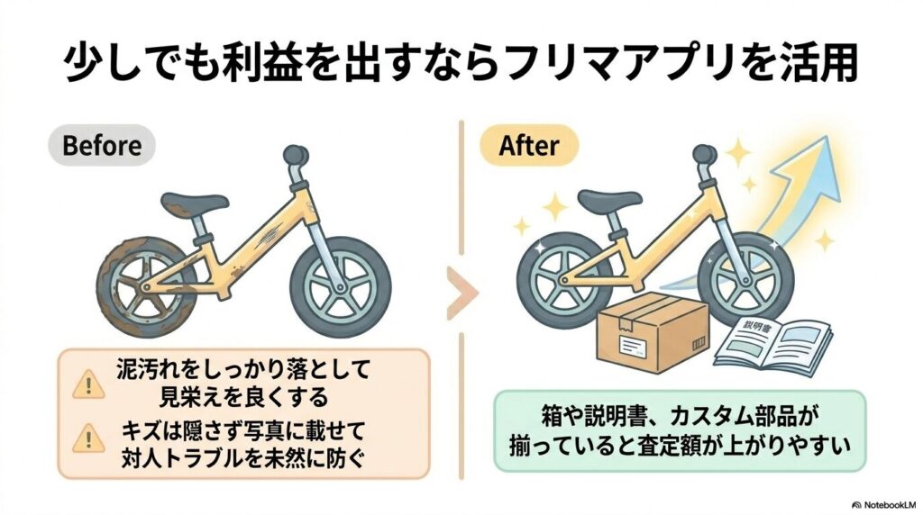フリマアプリで高く売るための清掃や付属品の準備、トラブル防止のためのキズの提示について解説しています。